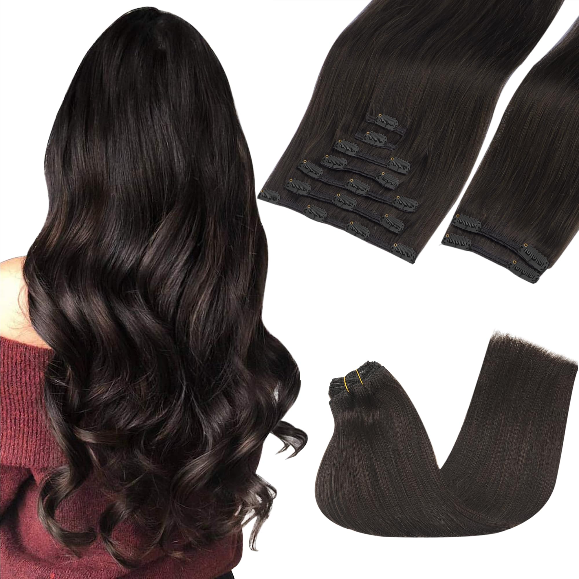 Photo 1 of GOO GOO Clip in Hair Extensions Real Human Hair, Remy Human Hair Extensions Clip ins for Women, Natural Human Hair, 24inch 150g 9Pcs, #2 Dark Brown