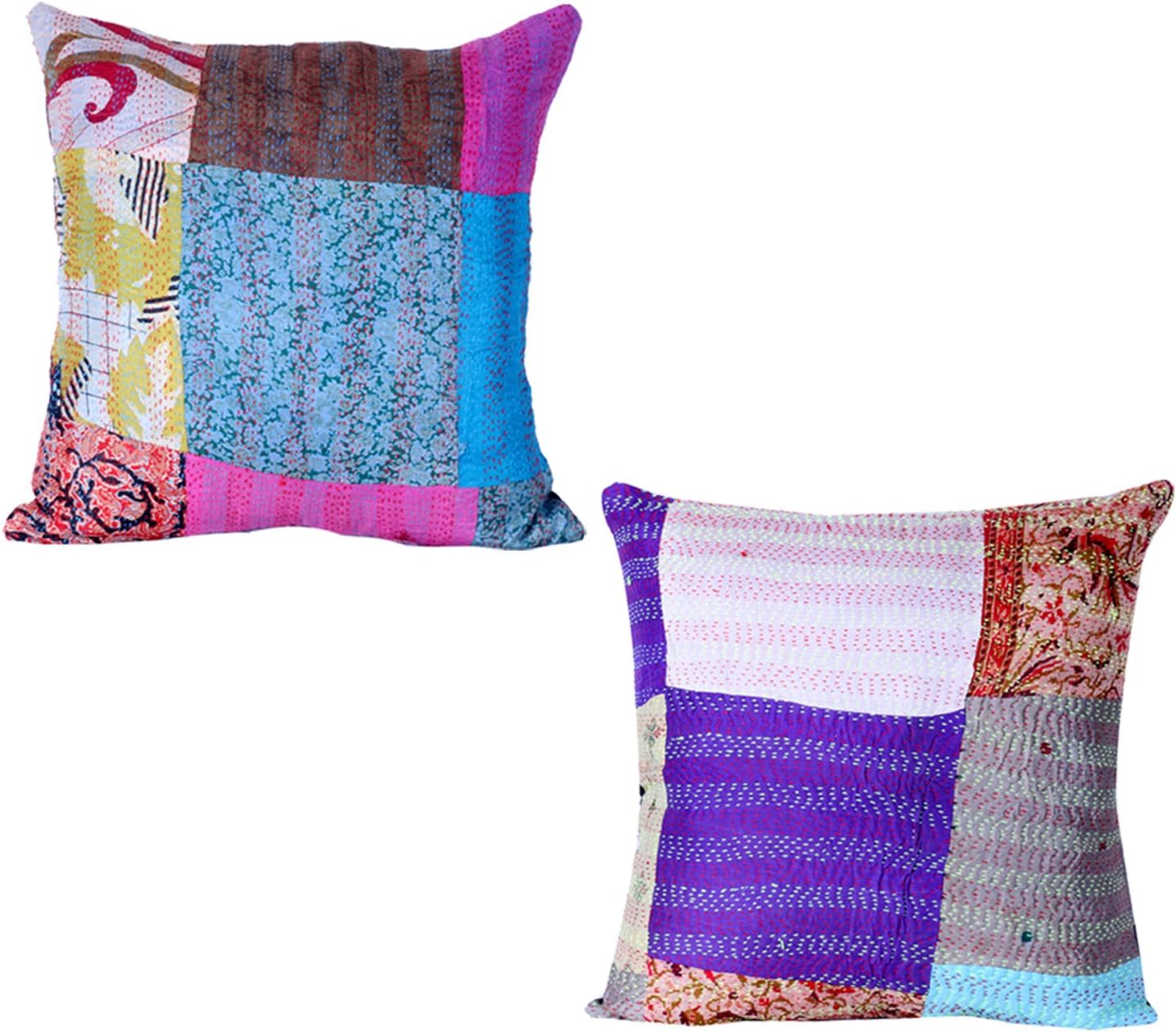 Indistar Set of 2 Throw Pillow Cover | Silk Patchwork Cushion Covers with Traditional Indian Kantha Work | Decorative Cushion Covers, 16 x 16 Inch