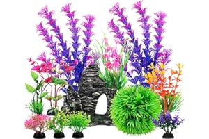 PIETYPET Aquarium Decorations Fish Tank Artificial Plastic Plants, 12pcs Aquarium Decor Plants and Cave Rock Decoration Set Hideout Ornaments, Fish Tank Accessories for Aquariums