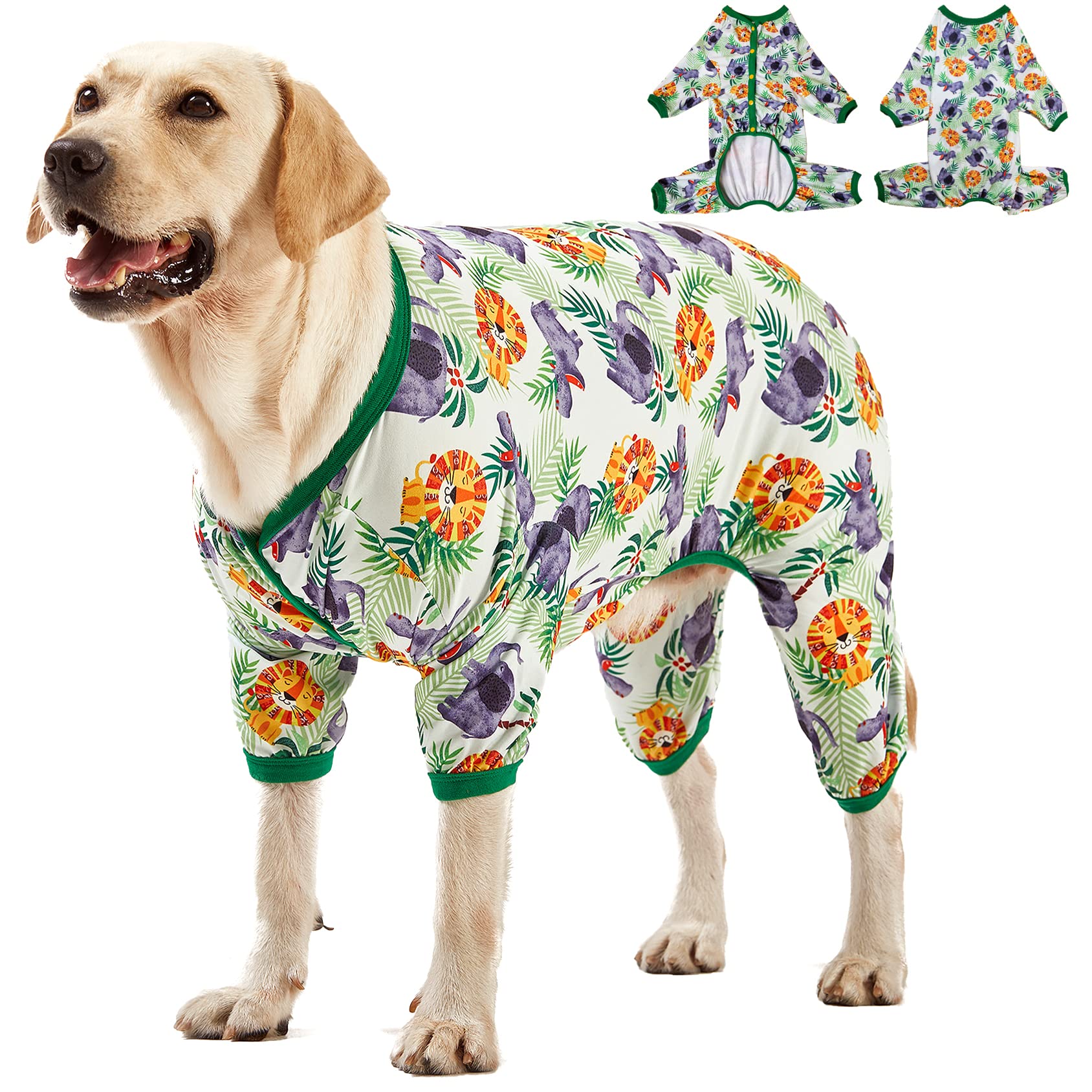 LovinPet Large Dog Pajamas Onesie: Lightweight stretchy knit pullover large breed jammies, Big Hippo Green Print, Wound Care/Post Surgery Dog Shirt, UV Protection, Pet Pj's, Dog Onesie/Medium — image 1