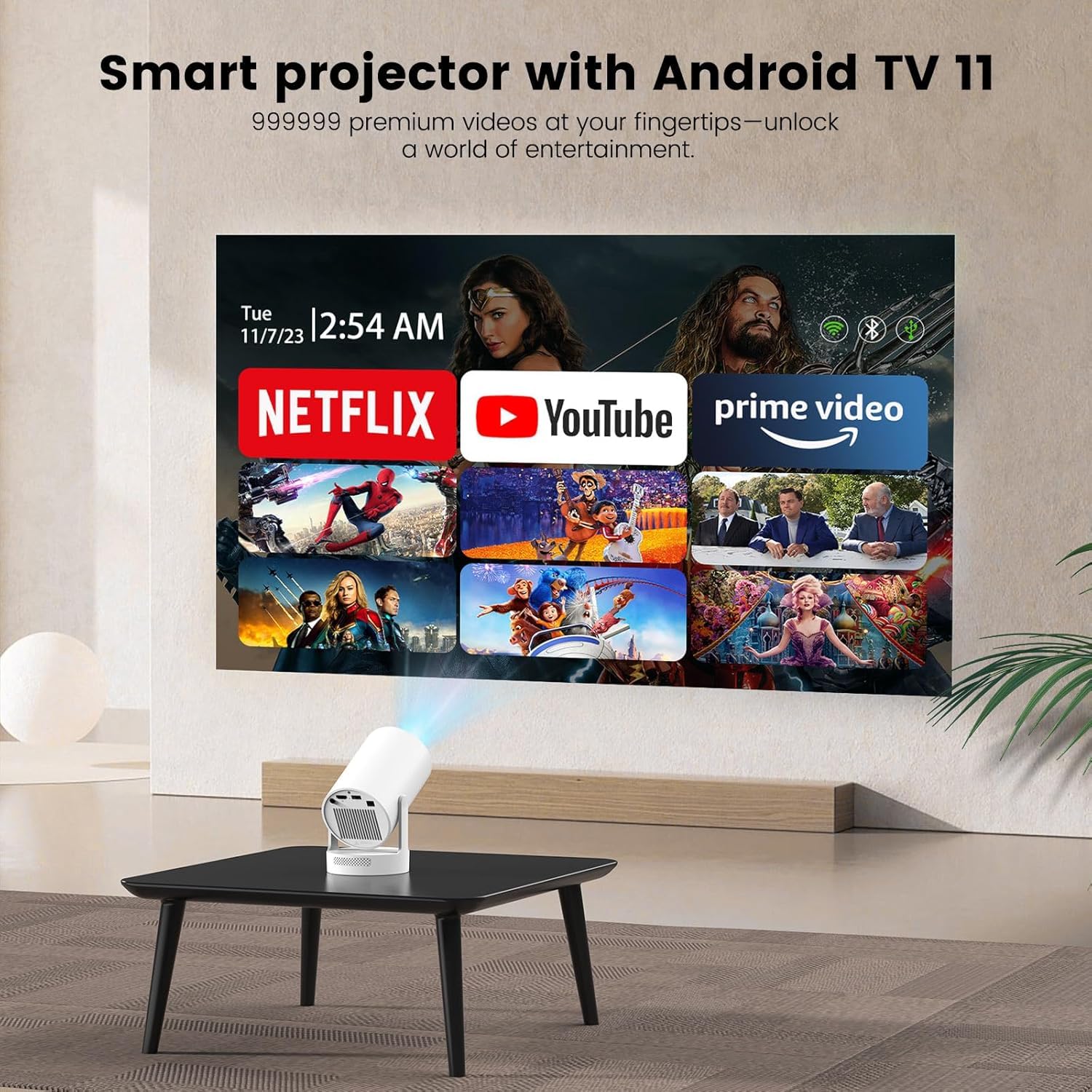 Mini Portable Projector with Wifi6 and Bluetooth, 4K Projector Support 5w Sound Base Speaker, 160 ANSI, Android 11, Auto Vertical Keystone 210°Rotatable Proyector for Home Bedroom Outdoor HY300 ULTRA