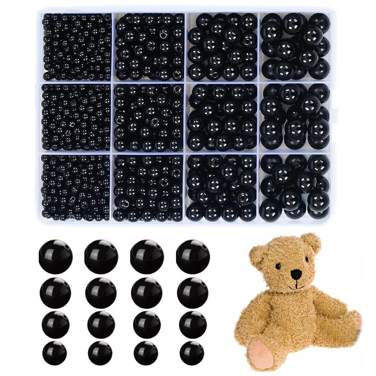 1320Pcs Glass Pearl Beads, Round Black for Crafting, 4/6/8/10mm Shiny Spacer With Holes, Plastic Loose for Jewellery Making DIY Bracelet Crafting Eyes Knitting Decorations