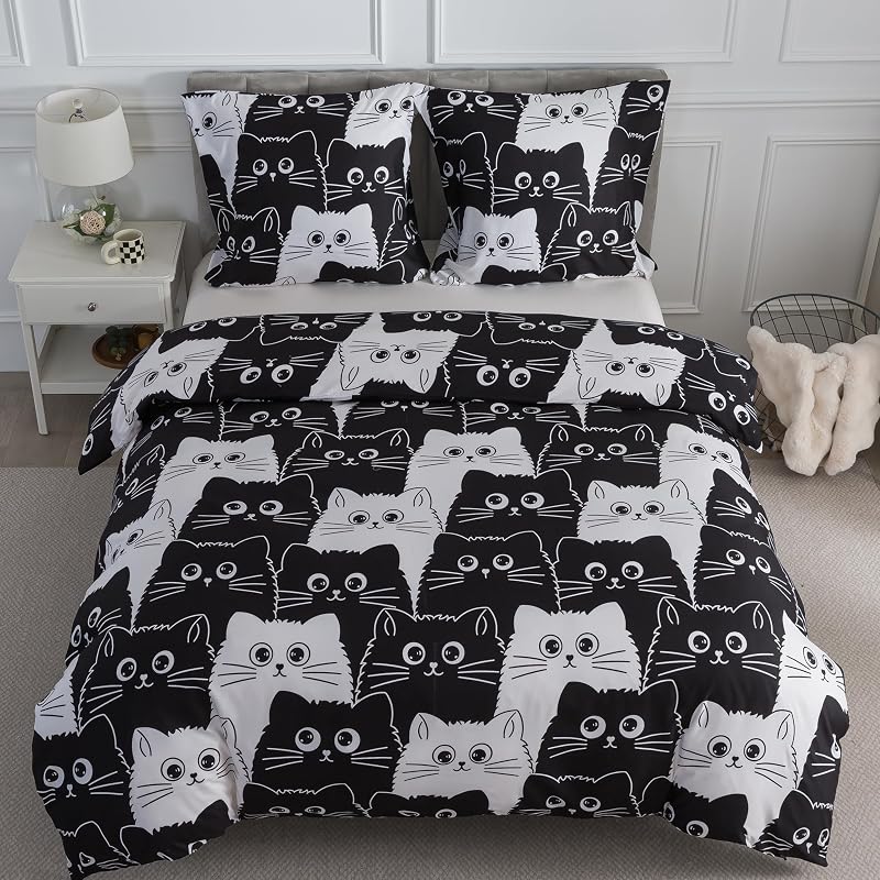 Bettwäsche 155x220 2teilig Bettbezug - Süß Schwarz Weiß Katzen Muster Bettwäsche-Set 155 x 220 cm und 1 Kissenbezug 80x80cm mit Reißverschluss, Weich Leicht Mädchen Kinderbettwäsche — Foto 4 von 8