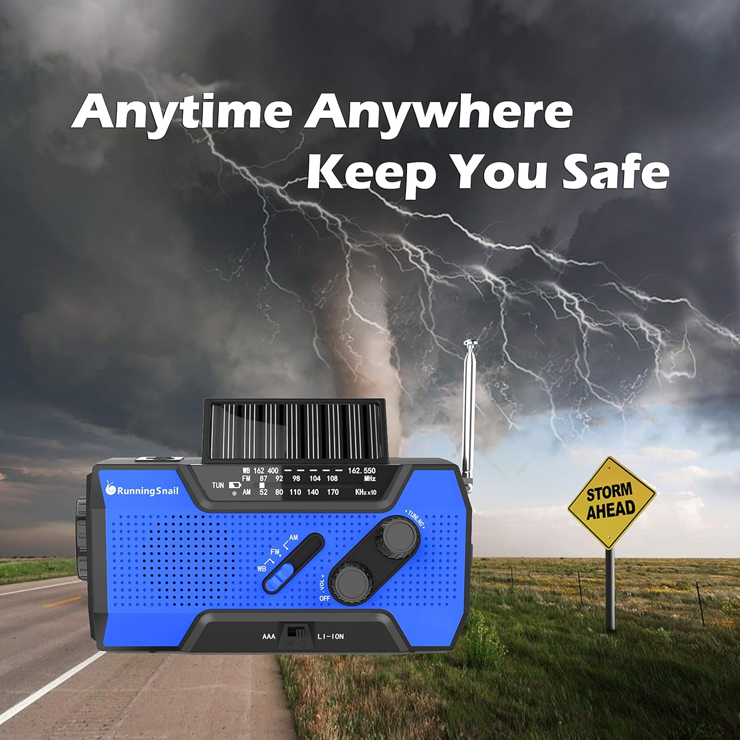 RunningSnail Solar Crank NOAA Weather Radio for Emergency with AM/FM, Flashlight, Reading Lamp and 2000mAh Power Bank (Blue): Home Audio & Theater