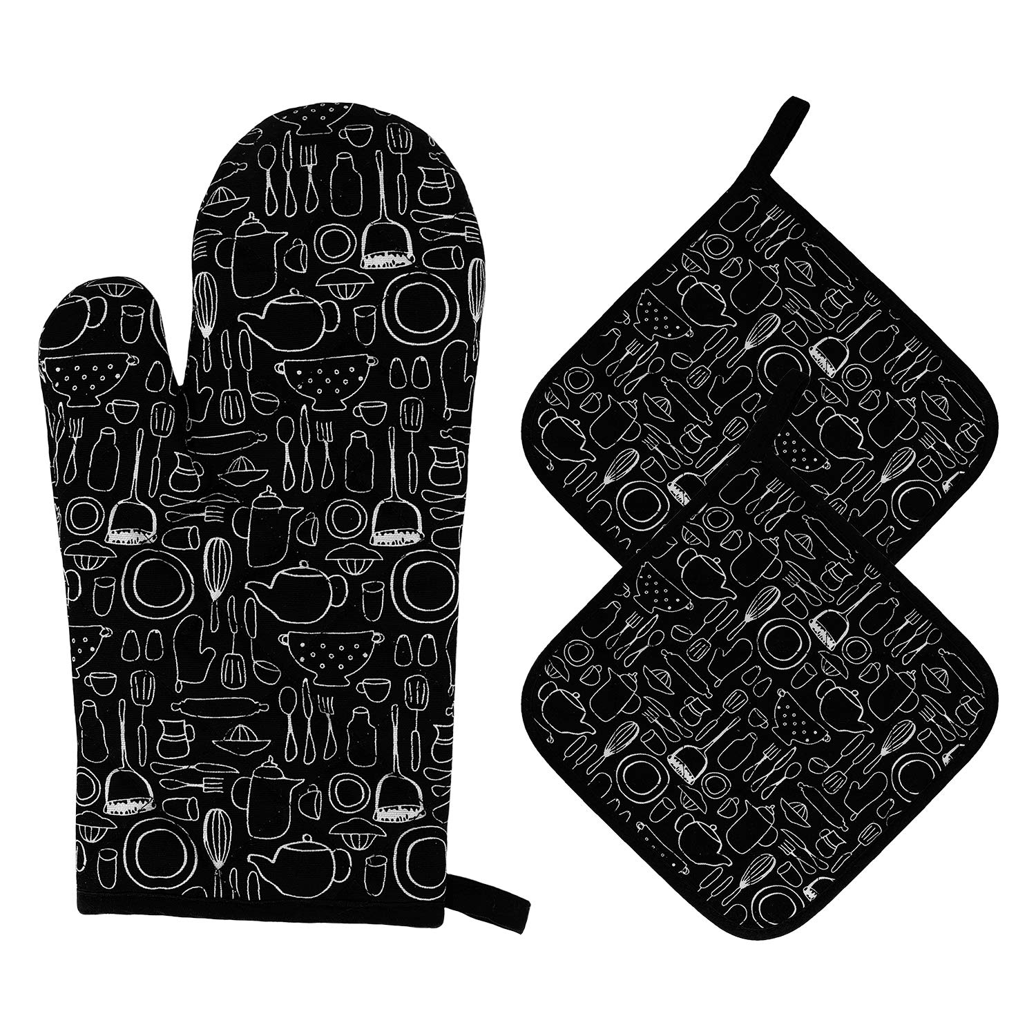 Heat Resistant Oven Gloves Set 1 Thick Cotton Oven Mitts with 2 Placemat Pot Holders Long Cuffs Baking Gloves for Kitchen, Cooking, Barbeque 3 Pieces (Black)