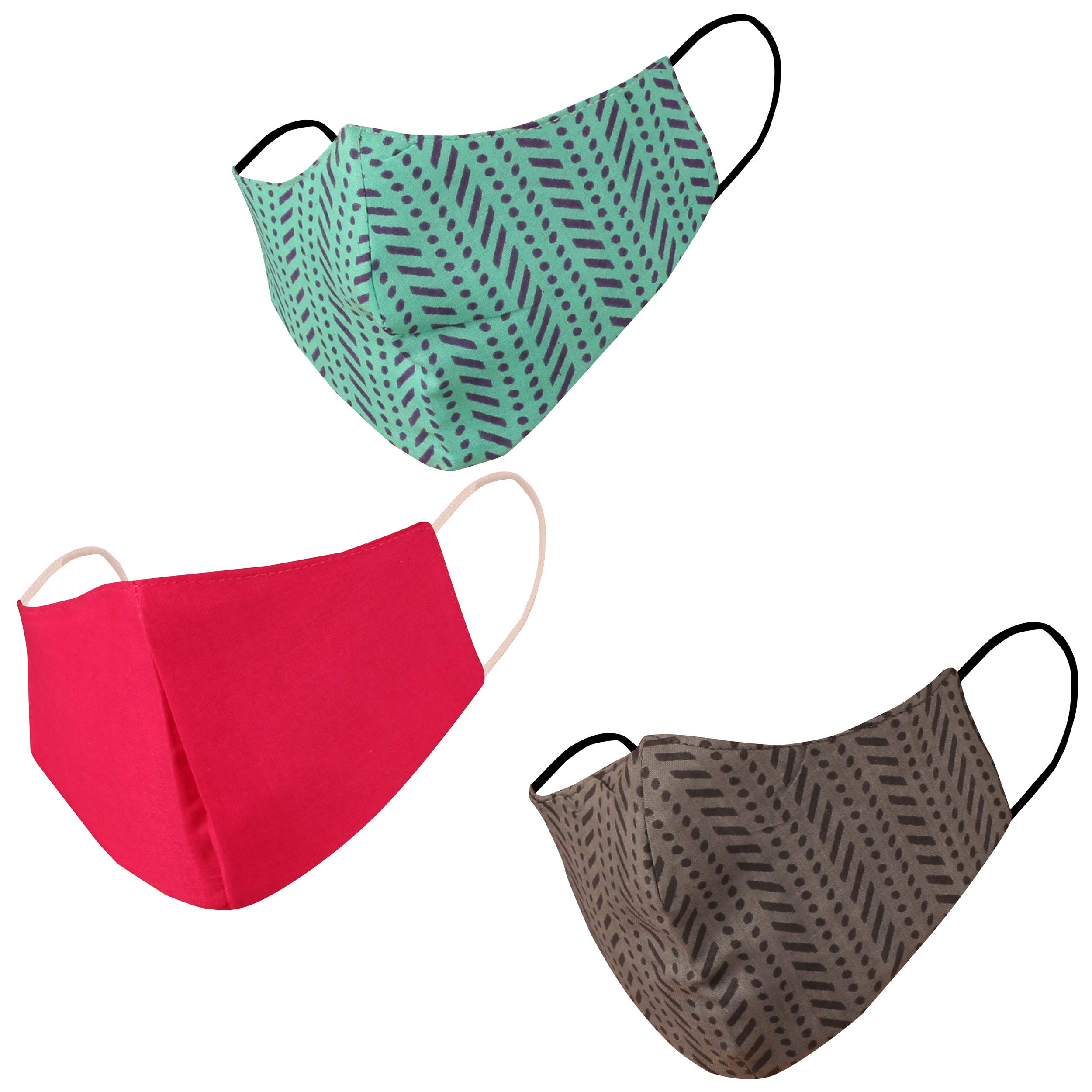 Touchstone Indian Heritage Fabric Small Size Face Masks Reusable Machine Washable Handcrafted Cotton Double Layer for women. (Pack of 3). Grey Blue Pink — image 1