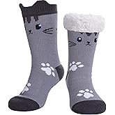 FNOVCO Cat Socks Fuzzy Slipper Socks for Women with Grippers, Cozy Warm Sherpa Lined Slipper Socks