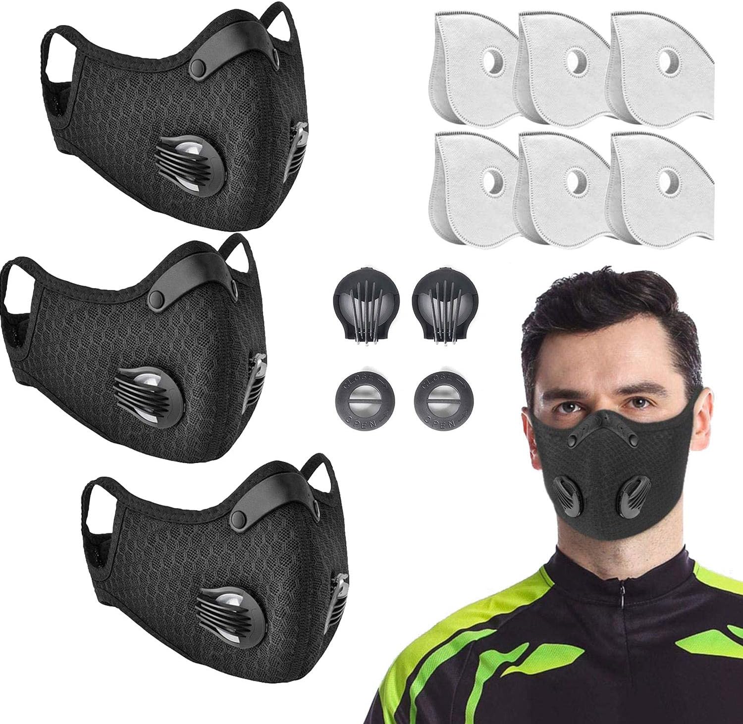 3 Pack Dust Mask by undwider, Prevent Saliva Safety Dust Mask with 6 filters and 2 Valves for Sports Outdoor Activities, Cycling, Motorcycle, Running