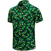 ENVMENST Mens St.Patrick's Day Shirt Irish Clover Printed Casual Short Sleeve Hawaiian Button Up Shirts
