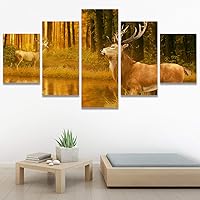 SIGNWIN 5 Panel Canvas Wall Art Modern Art Animals Dramatic Elephants Giraffe Multicolor Photography Southwest for Home Decorations Ready to Hang - 60