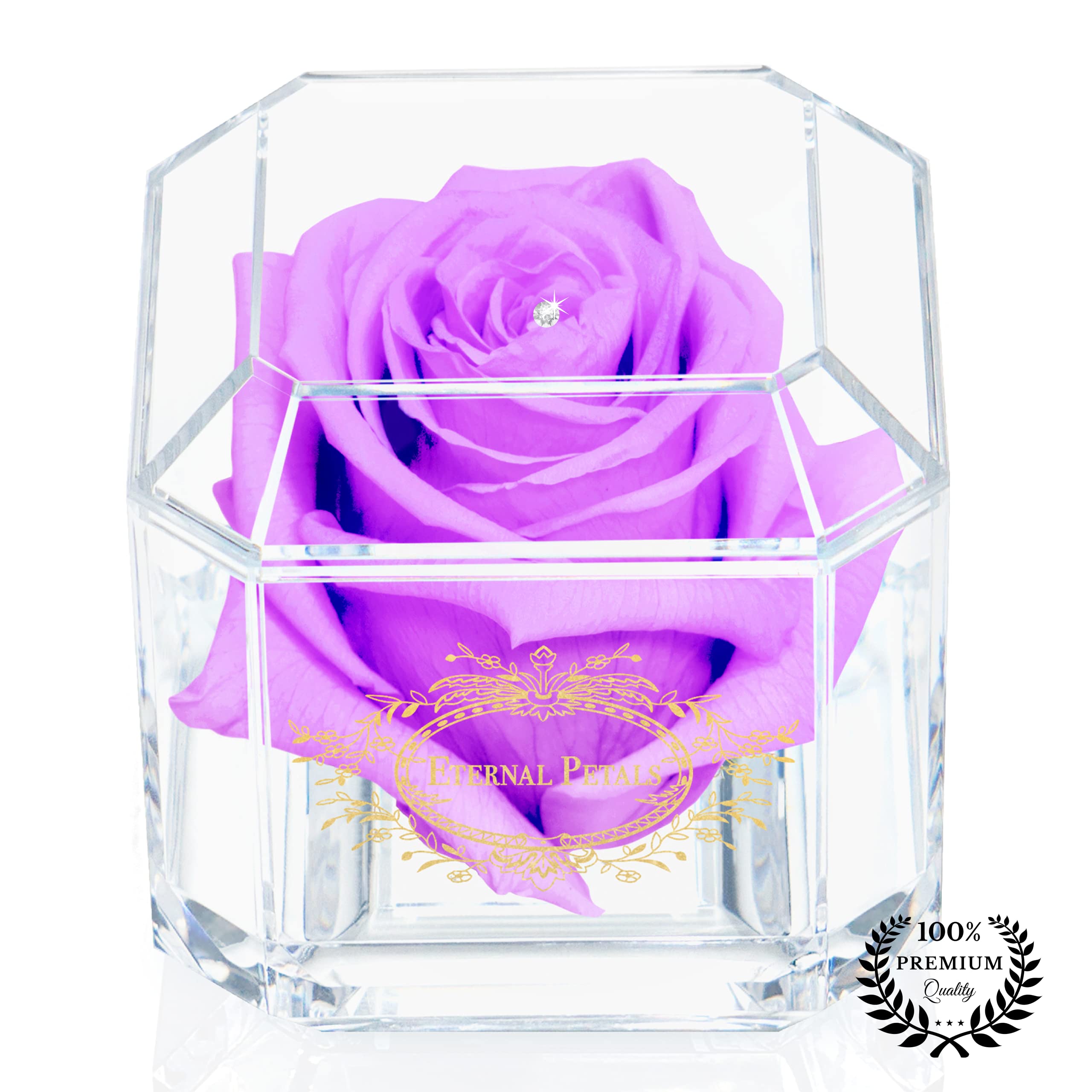 A 100% Real Rose That Lasts Years - Eternal Petals, Handmade in UK – Gold Solo with A Clear Crystal (Lilac)