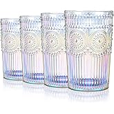 Joeyan Iridescent Drinking Glasses,Embossed Vintage Water Glass Cups,Colored Ribbed Highball Tumblers with Sunflower Pattern,Romantic Glassware Set for Beverages Cocktail Juice,12.5 oz,Set of 4
