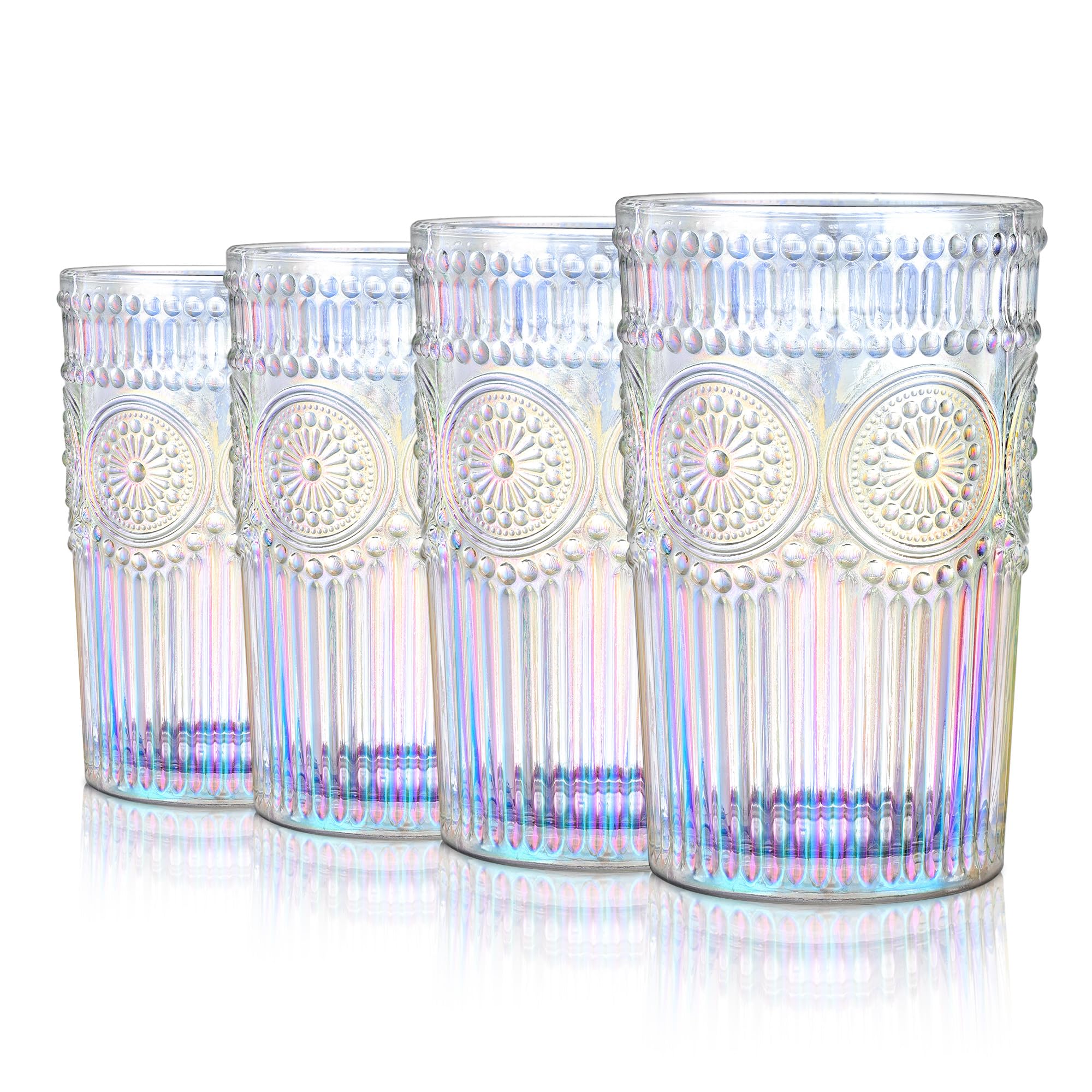 Joeyan 370ml Iridescent Drinking Glasses,Vintage Embossed Water Glasses Set of 4,Sunflower Patterned Highball Glasses for Juice Cocktail Ice Tea,Coloured Glass Tumblers for Home Restaurant Praty