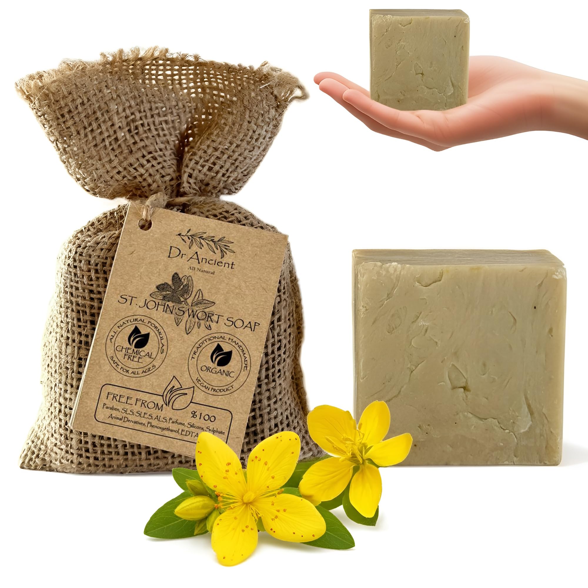 Dr.Ancient Kantaron St. John’s Wort Soap Bar, Organic Soap Bars Handcrafted the Traditional Way, Natural Chemical-Free, Vegan, Used for Face Wash, Body Wash, Hand Cleansing and Skin Care