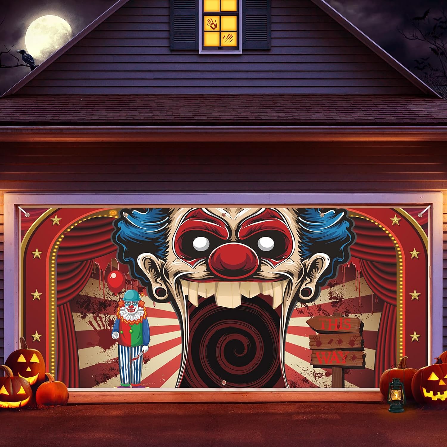 Garage Door Decorations - Halloween Evil Clown Garage Door Banner Large Scary Circus Carnival Halloween Decoration Garage Door Cover Horror Killer Creepy Clown Garage Backdrop Background for Halloween Party Decor Supply 7x16ft