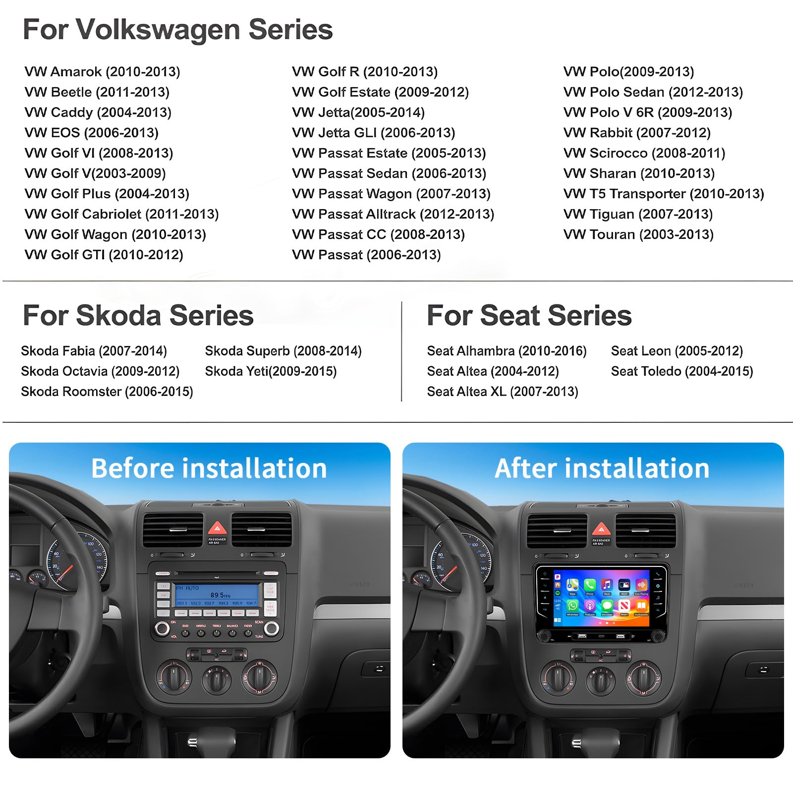 List of compatible Volkswagen, Skoda, and Seat car models and years