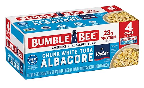 BUMBLE BEE CHUNK WHITE ALBACORE TUNA IN WATER, 5 OZ CAN (PACK OF 4) – WILD CAUGHT TUNA – 23G PROTEIN PER SERVING, HIGH IN OMEGA-3S – NON-GMO PROJECT VERIFIED, GLUTEN FREE, KOSHER