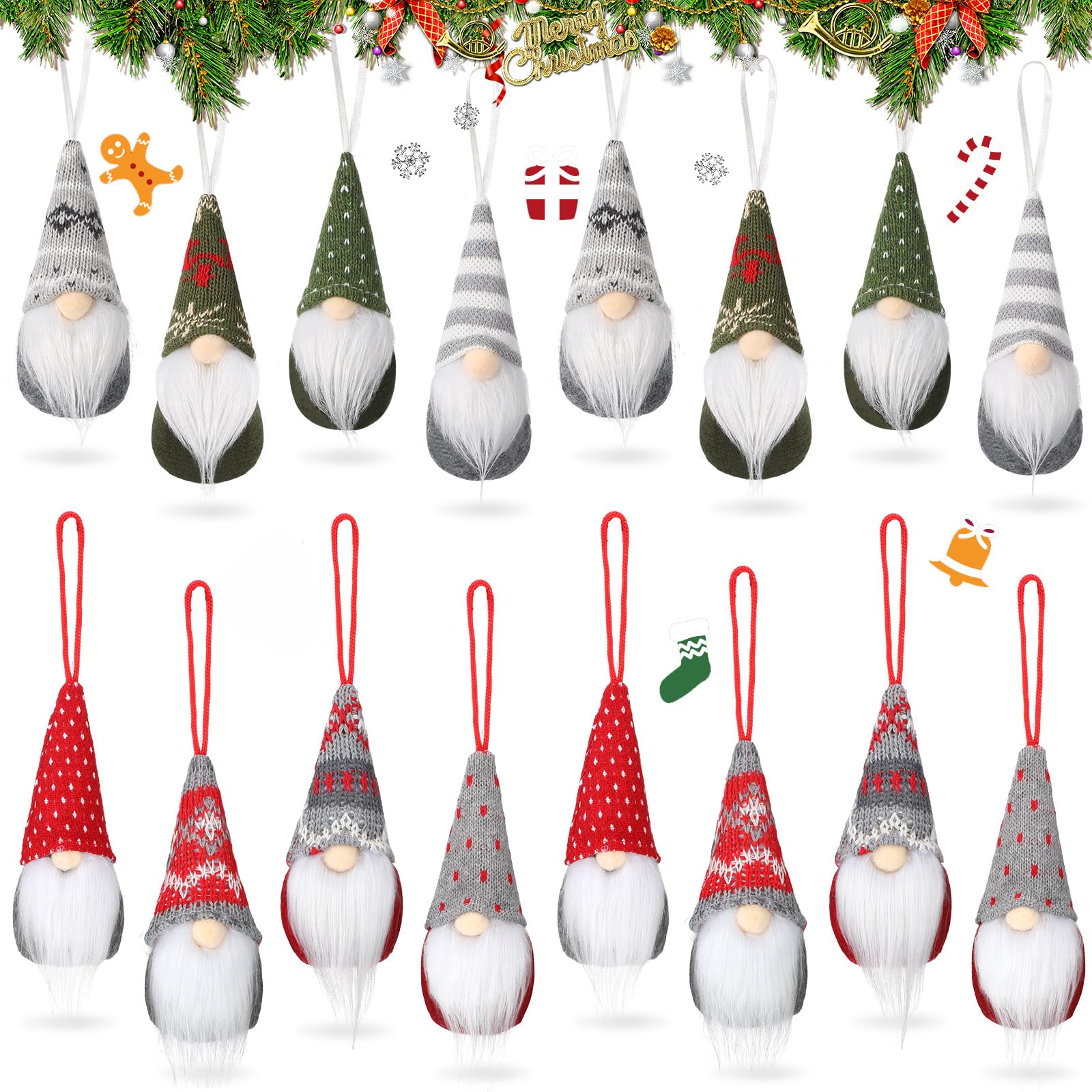 Skylety 16 Pieces Christmas Gnome Ornaments for Tree Christmas Tree Hanging Decorations Dolls Scandinavian Swedish Tomte Gnomes Handmade Plush Santa for Home Tabletop Party Decor