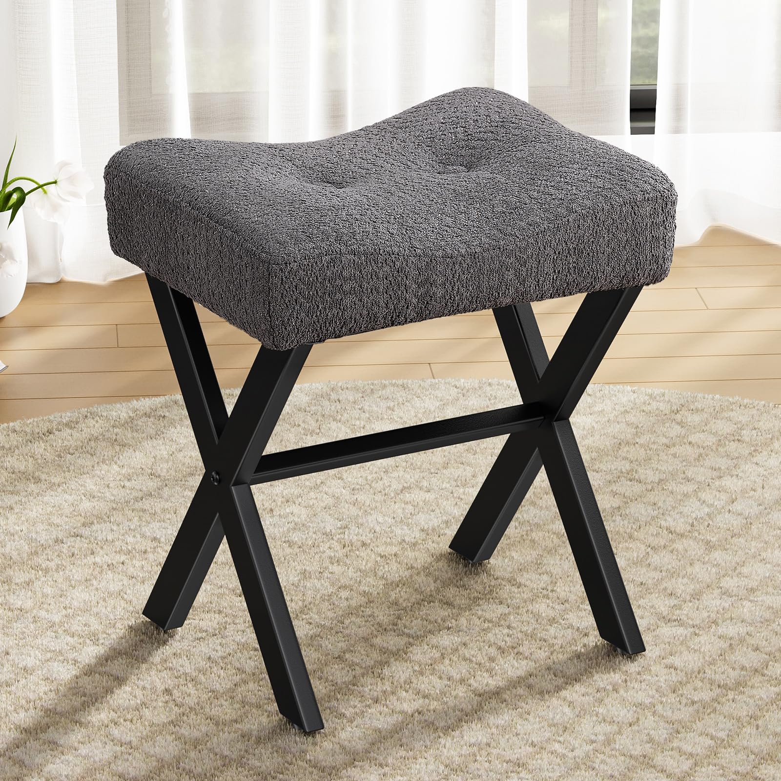 Memobarco 18-Inch Vanity Stool Chair, Vanity Bench with Metal X-Legs, Ottoman Accent Stool with Breathable and Soft Boucle Fabric Saddle Seat, Grey Image