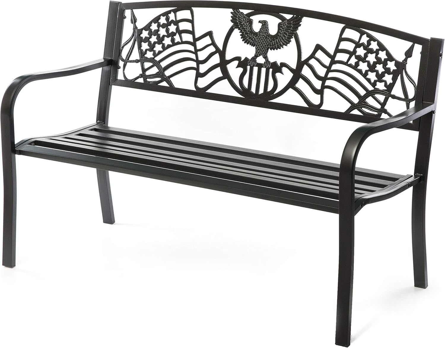 Gardenised Steel Outdoor Patio Garden Park Bench with Cast Iron American Flag Backrest, Black: Furniture & Decor