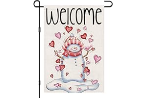 DECORHUA Snowman Love Heart Welcome Garden Flags Burlap 12x18 Inch Double Sided Outside, Valentine's Day Decoration Holiday Yard Sign DF413