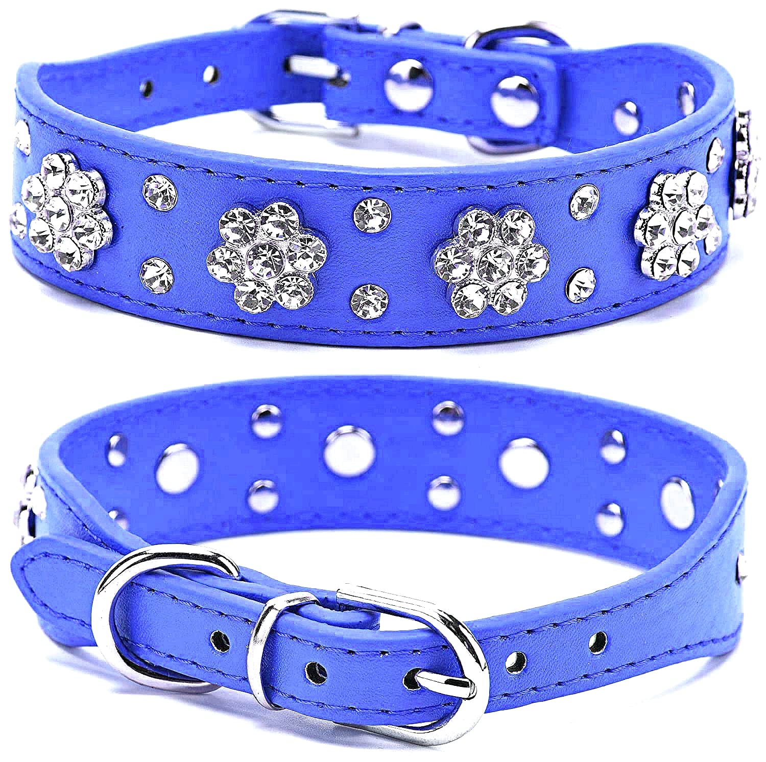haoyueer Rhinestone Dog Collar, Cute Flower Rhinestone Cat Dog Collar Bling Collar PU Leather Collar Adjustable Sizes Small Medium Large (L, Dark Blue)