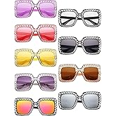 9 Pairs Rhinestone Oversized Square Sunglasses for Women Sparkling Bling Crystal Sunglasses AC Frame Glasses for Women