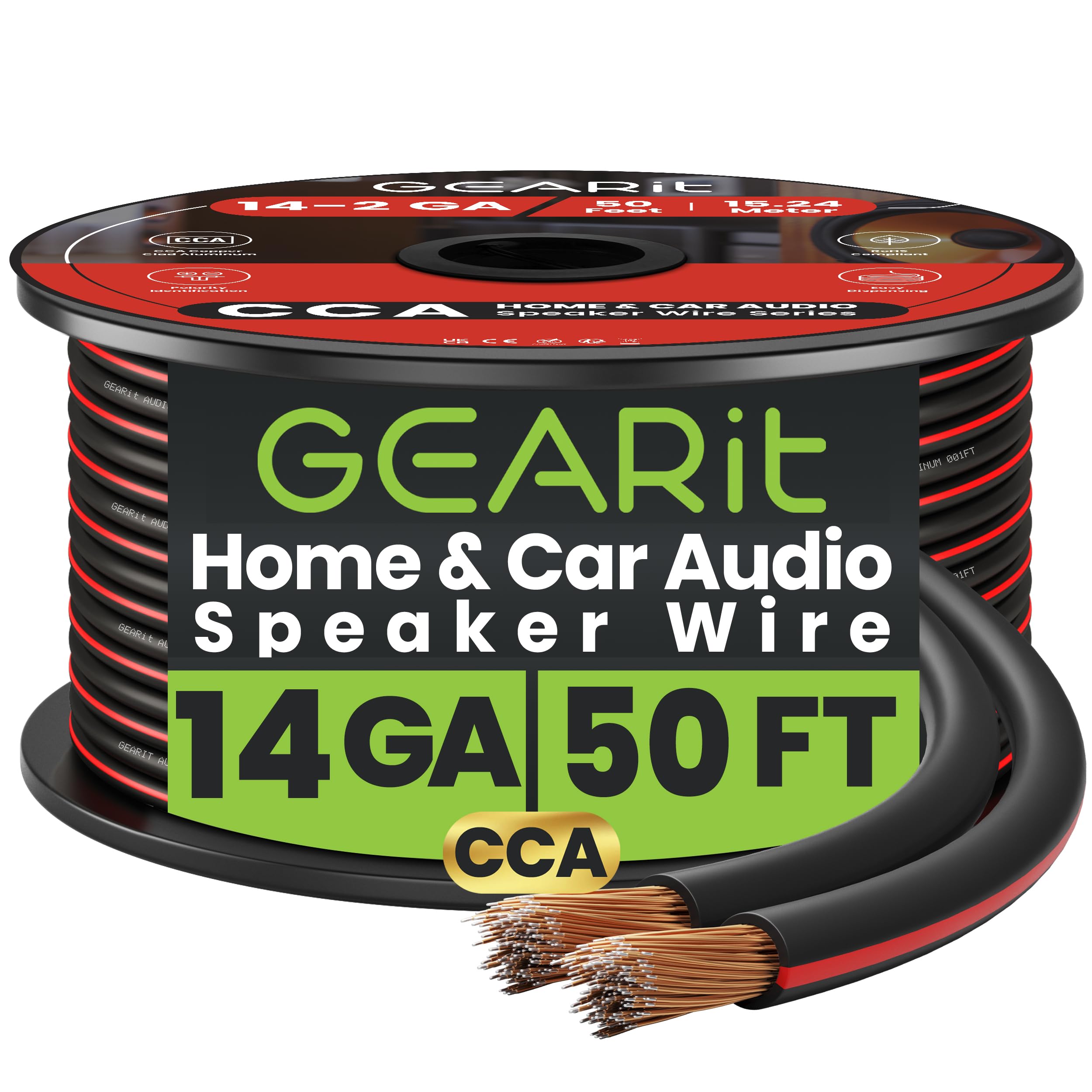 GEARit 14 Gauge Speaker Cable 50ft, 2x2.5mm² CCA Copper Clad Aluminum Speaker Wire for Hifi Home Theater Speakers & Car Audio Stereo, 14AWG Flexible Audio Cable for DIY (15.24M - Black)