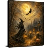 Black Cat Witch Wall Art Spooky Halloween Decor for Home Office Bedroom Framed Canvas