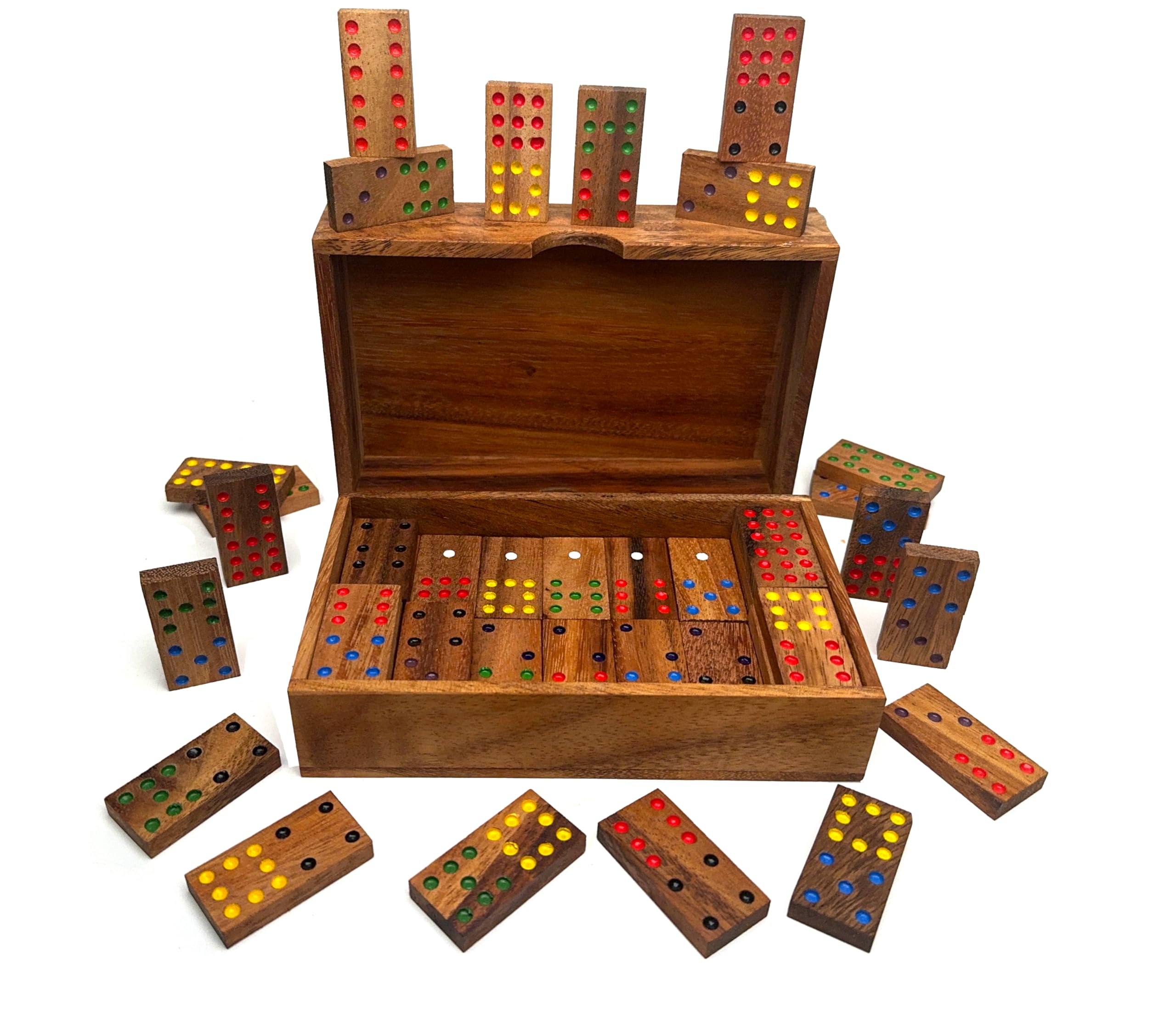 Crafty Artisan Handcrafted 56 piece Dominoes table game set in a solid hand made wooden storage box great for adults children