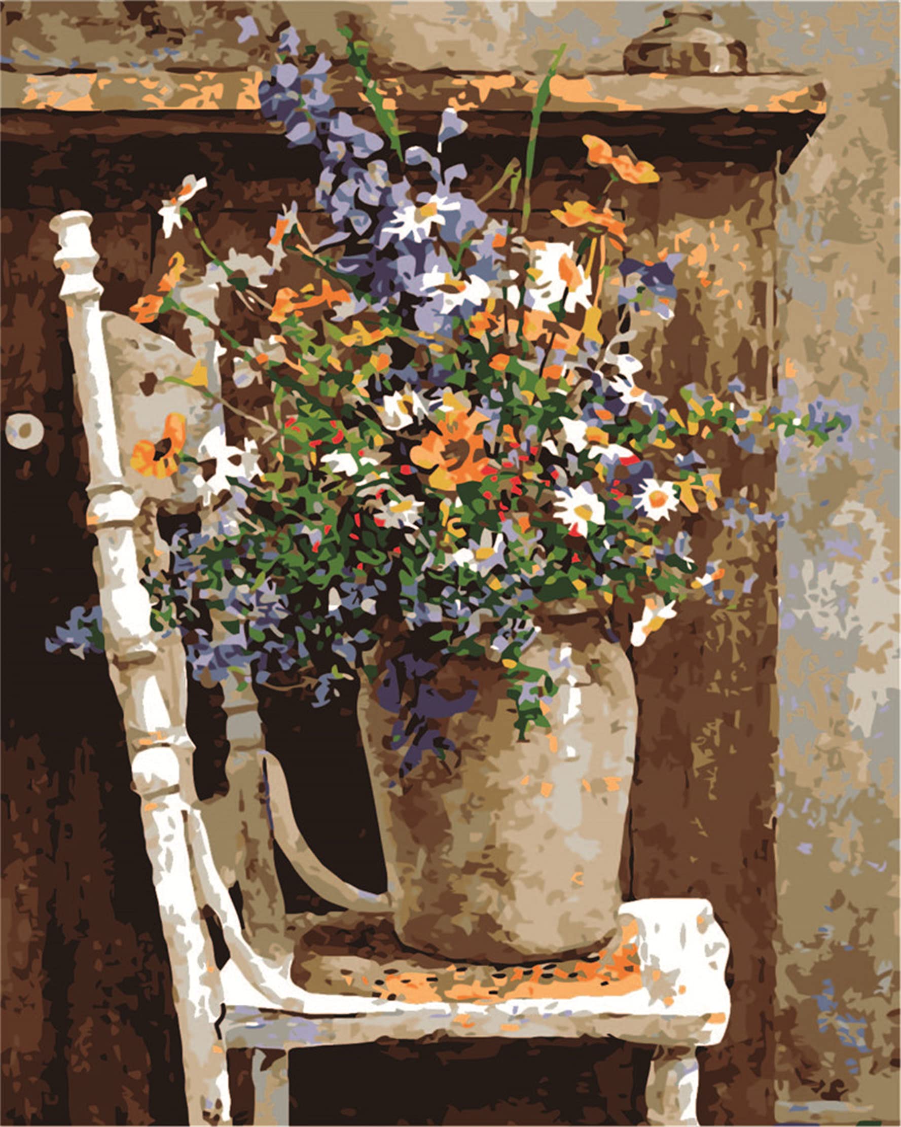 CaptainCrafts Paint by Numbers, Painting by Number Kits for Adult DIY Oil Painting 16x20 Inch House Art Deco Crafts (Wild Flowers Pots Chair, Frameless)