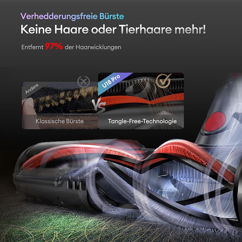 Akku Staubsauger 55000Pa/600W/80Min, 1,6L Staubsauger Kabellos mit Multi-Zyklon-Filtration, Touchscreen, Anti-Tangle-Bürste, Wandladestation, Selbststehend，für Tierhaare/Teppiche/Hartböden,Rot