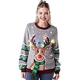 JOYIN Ugly Christmas Sweater Women Men Couples, LED Light Up Ugly Christmas Sweater Kids 2025 Reindeer(Gray