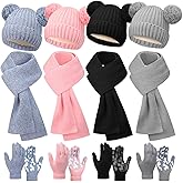 Geyoga 6/12 Pcs Kids Knitted Winter Hat Scarf Gloves Set for 5-8 Boys Girls Toddler Knit Pom Beanies Mittens Neck Warmer Gift