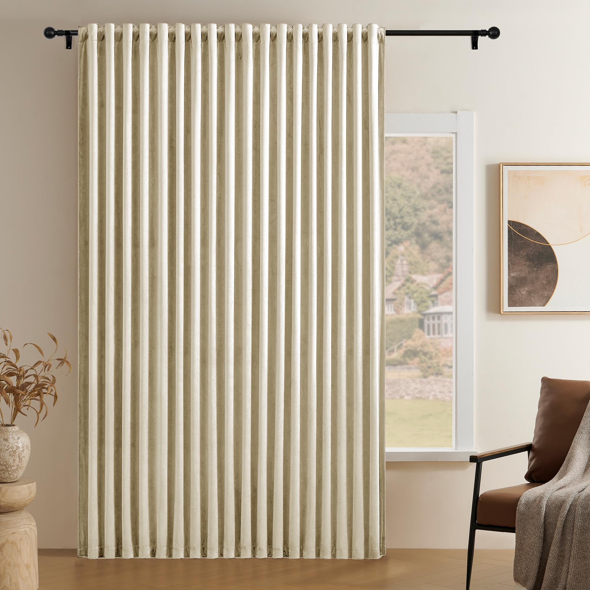 Photo 1 of Timeper Beige Cream Pleat Back Tab Velvet Curtains W104 x L96 inches 1 Panel, Room Darkening Solid Home Decor Curtains for Bedroom Living Dining Room Thermal Insulated Luxury Super Soft Window Drapes