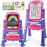 STEAM Life Art Easel for Kids, Double-Sided 4In1 Toddler Easel with Rotable Magnetic Chalkboard & White Drawing Board, Height Adjustable with Magnetic Letters & Numbers Gifts for Boys and Girls