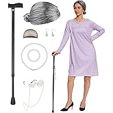 Tuoweey 9PC Women Adult Old Lady Costume adult 100 Days of School Granny Grandma Wig Nightgown Dress Set