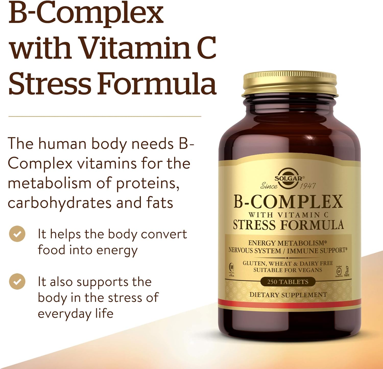 Solgar B-Complex with Vitamin C Stress Formula, 250 Tablets - Energy Metabolism, Nervous System & Immune Support - Non-GMO, Vegan, Gluten Free, Dairy Free, Kosher, Halal - 125 Servings: Health & Personal Care