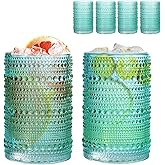 WeirdUncle Set of 4 Hobnail Drinking Glasses, 15oz, Vintage Jupiter Drinking Glasses,Embossed Old Fsahioned Glassware for Beer,Water,Juice,Cocktail,Whiskey,Gift (Pool Blue, Large)