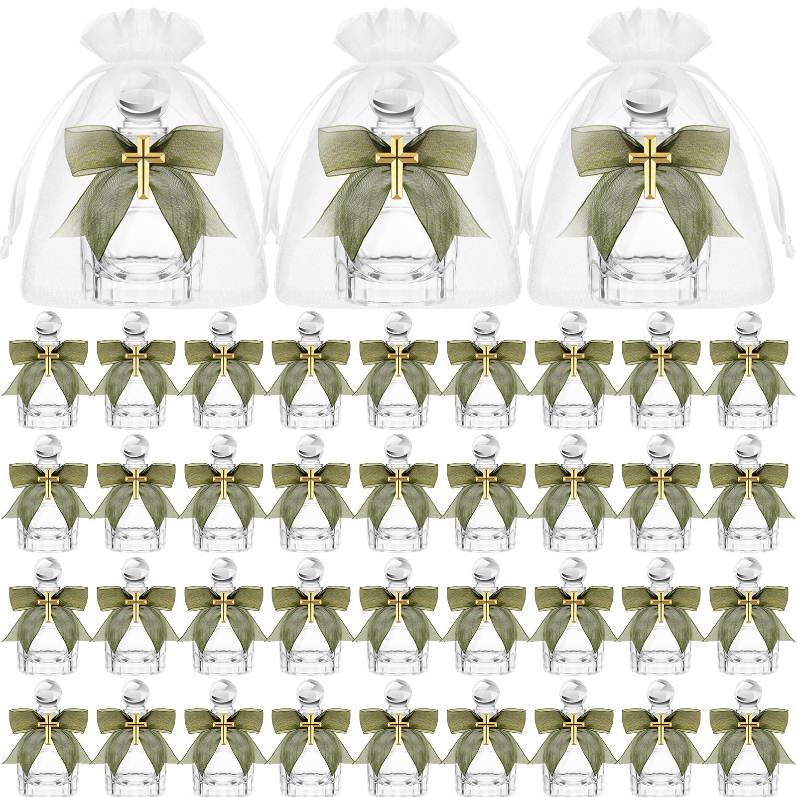 Photo 1 of Newtay Holy Water Bottles Catholic Bulk Glass Baptism Favors for Guests Christian Water Container with Cross Organza Bags Bow for Holy Communion Gifts Church Wedding Baptism (48, Sage Green)