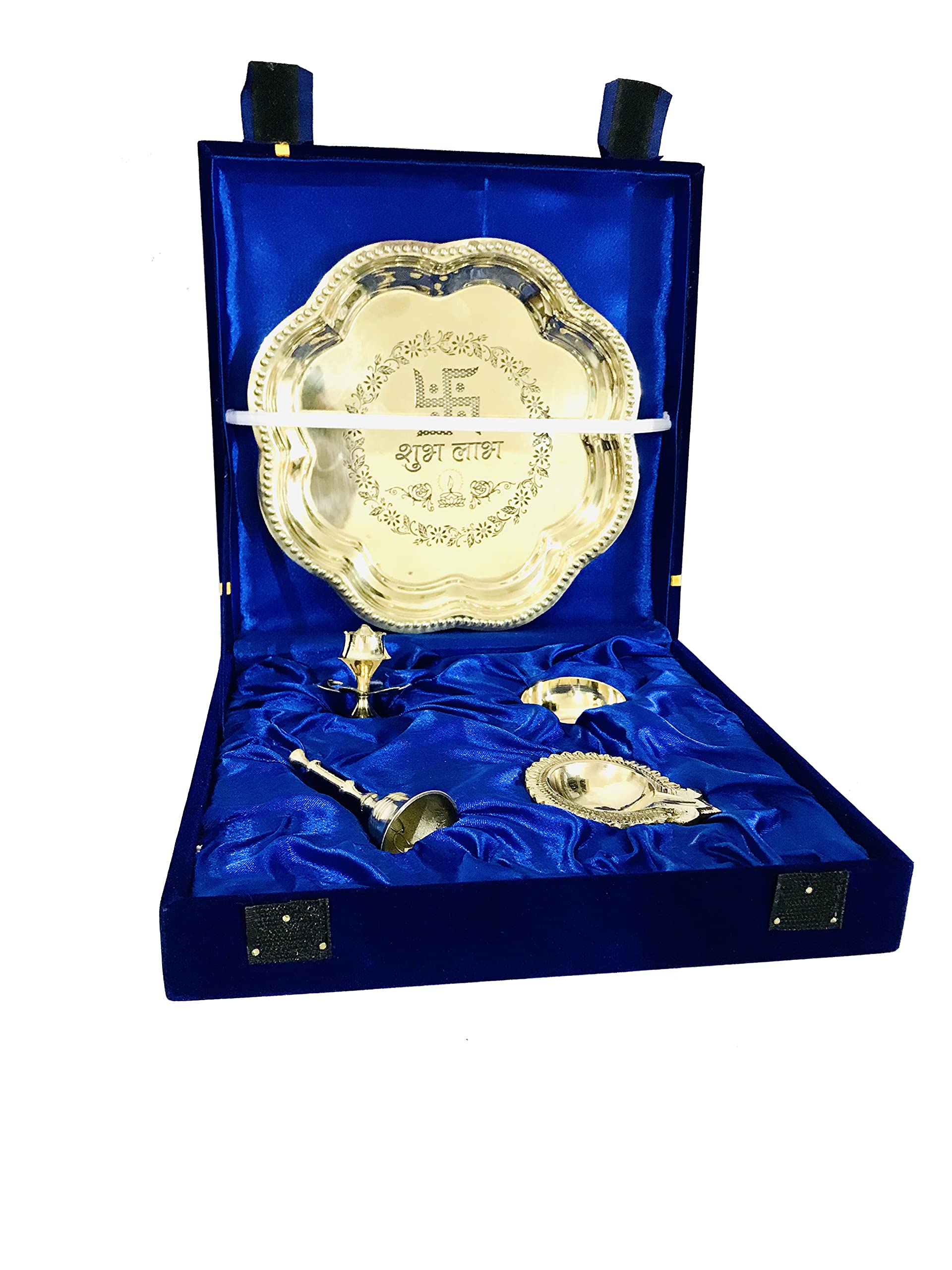 Brass Pooja Plate thali Set Indian swastik shubh labh for Diwali Pooja Home Temple Mandir Navratri Puja thali Set of 5 pcs Housewarming Thanksgiving Gift Blue Box Heart - 8.5 inch