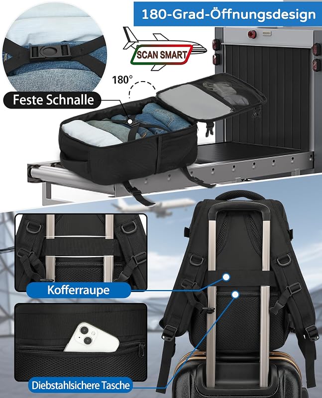 Handgepäck Rucksack 40x30x20 cm Travelite Reiserucksack 24L für Ryanair EasyJet Eurowings Flugreisen 15,6 Zoll Laptop, Schwarz