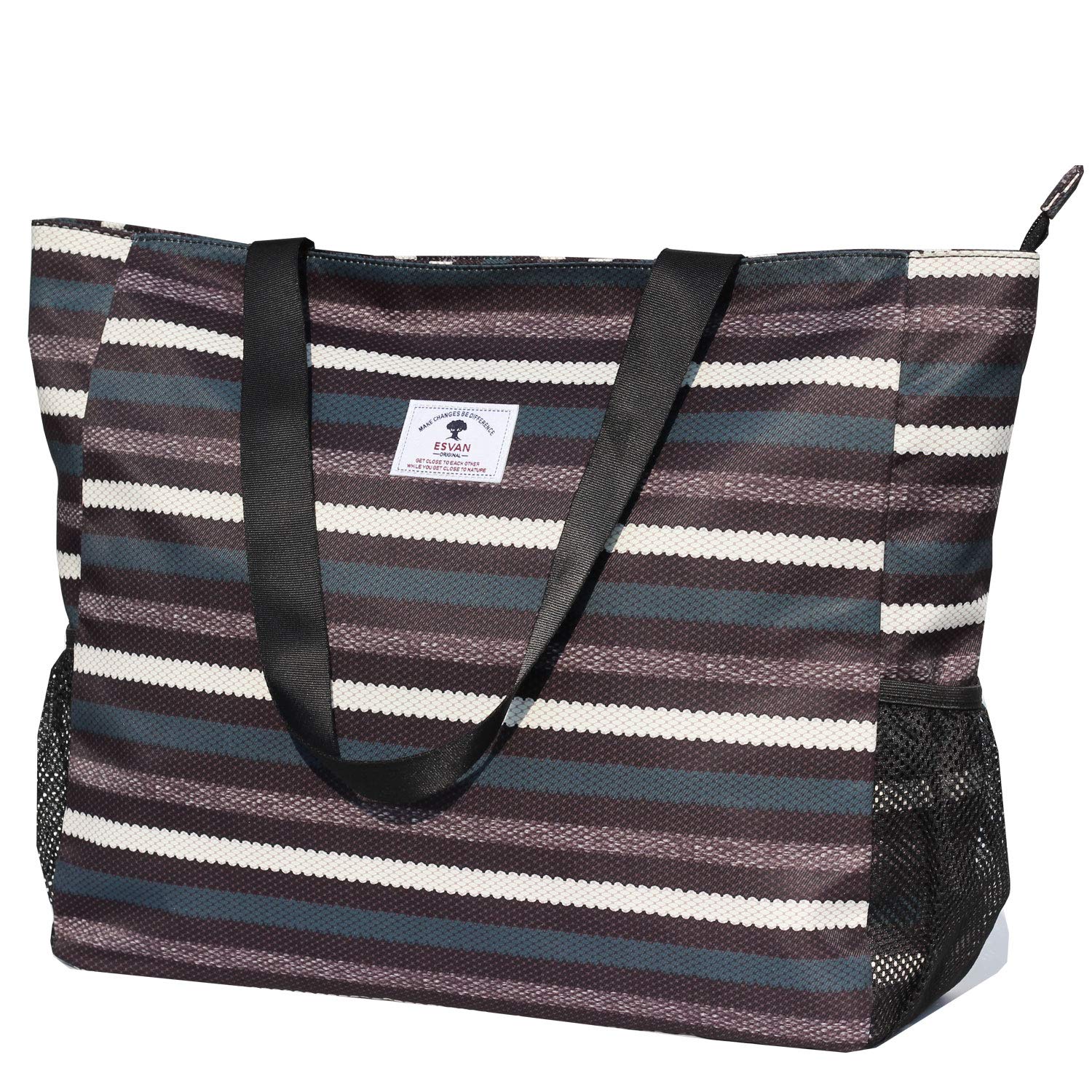 ESVAN Large Beach Bag Water Resistant Lightweight 20 inch Women Oversize Tote Bag for Gym Beach Travel Pool Yoga Nurse (Black&White Stripe)