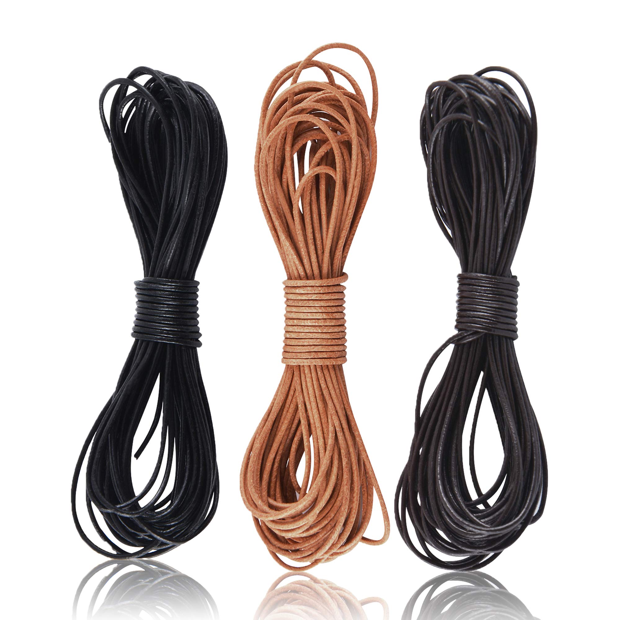SOSMAR 3 Rolls 5M X 1MM Cowhide Round Leather Cords Rope String for Bracelet Necklace Jewelry Making Lanyards DIY Crafts, Black, Dark Brown, Natural Brown Top Grain Leather Cord — image 1