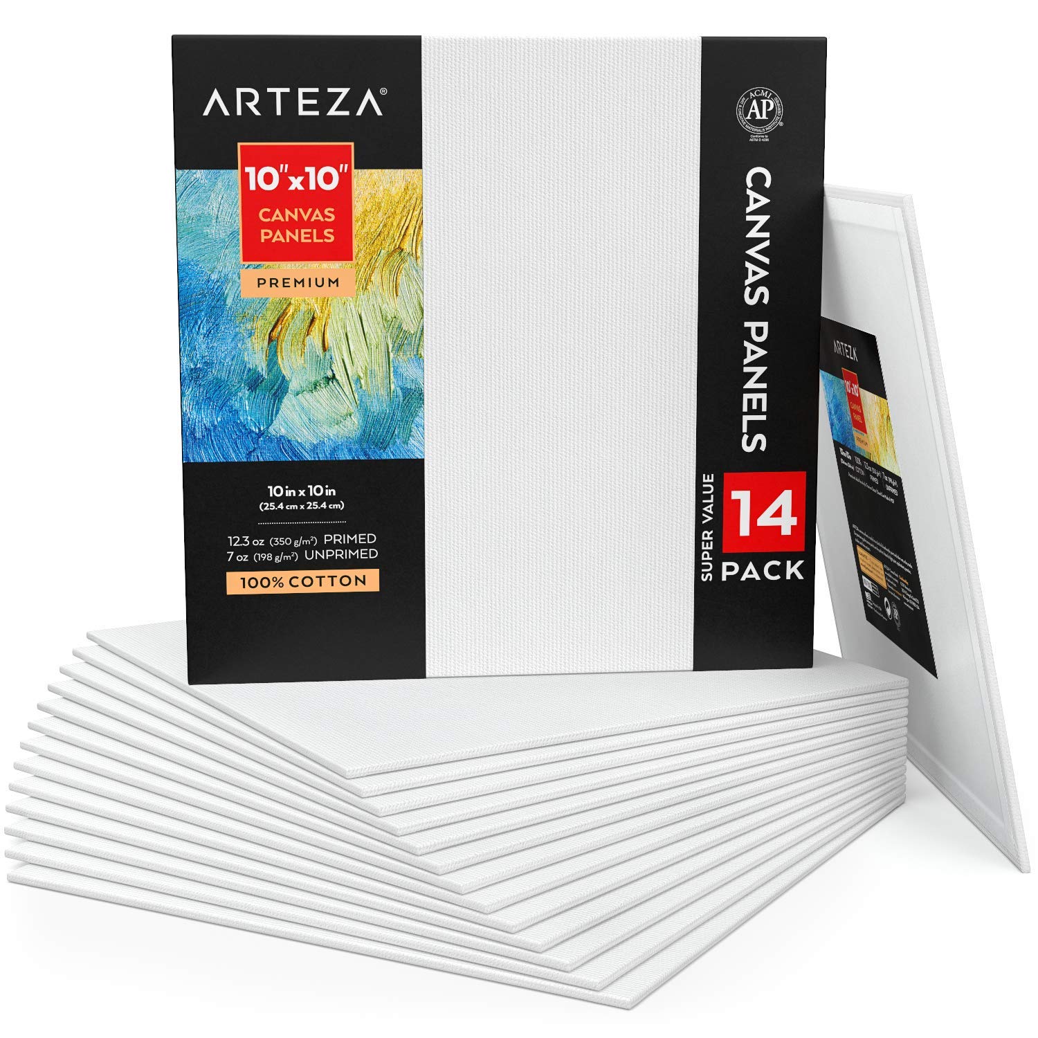 Arteza Canvas Board, Pack of 14, 25.4 x 25.4 cm, 100% Cotton 12.3 oz Gesso Primed White Blank Canvases for Acrylic Painting and Pouring