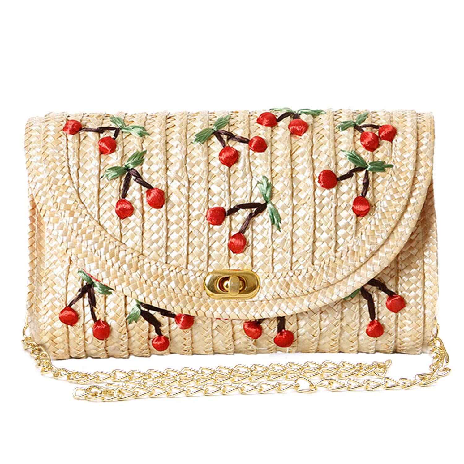 EVEOUT Straw Clutch Purse, Women Chic Fruit Banana Cherry Fashion Crossbody Shoulder Message Bag for Summer Beach