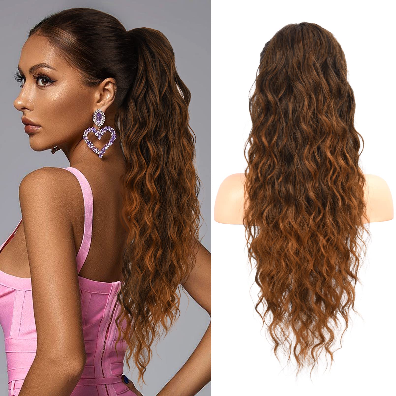 Flufymooz Ponytail Extension, 26 Inch Drawstring Ponytail Hair Extensions for Women，Long Curly Wavy Ponytail Natural Wavy Synthetic Hairpiece for Women Daily Use party (26 Inch Almond brown)