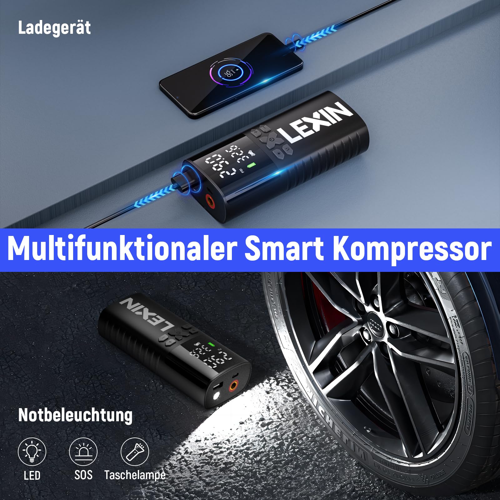 LEXIN P4 Elektrische Luftpumpe, Akku Kompressor 4000mAh, Tragbare Luftpumpe Fahrrad 150 PSI (10,3 Bar), Luftkompressor für Fahrrad Auto Motorrad Bälle, Mini Reifenpumpe mit LED-Anzeige, Notbeleuchtung 6