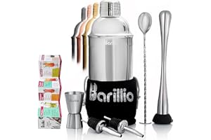 barillio Elite Cocktail Shaker Set Bartender Kit 24 oz Stainless Steel Martini Mixer, Muddler, Mixing Spoon, Jigger, 2 Liquor pourers, Velvet Bag, Recipes Booklet & eBook