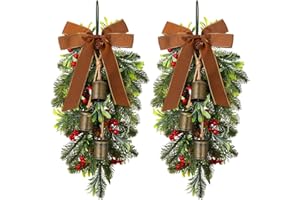 Daifunli 2 Pack Christmas Teardrop Swags 23.6" Artificial Pine Greenery with Rustic Cow Bells Vintage Cedar Pine Needles with Brown Bow Red Berries for Front Door Outdoor Farmhouse Wall Hanging Decor